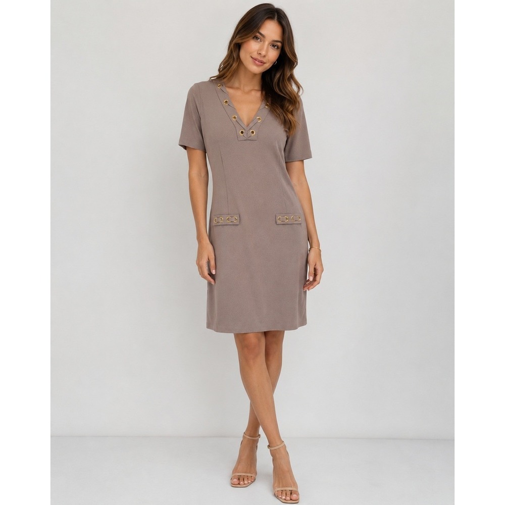 NEW Ming Wang Womens Taupe Knit Lace Up Sheath Dress Gold Grommets Accent Small